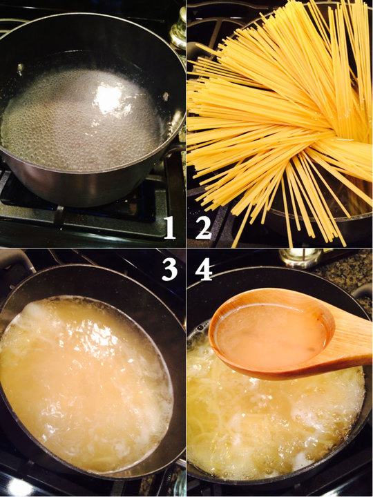 #1: Waiting patiently for water to come to a rollling boil #2: Adding pasta to water #3: Pasta cooking #4: Reserving some pasta water